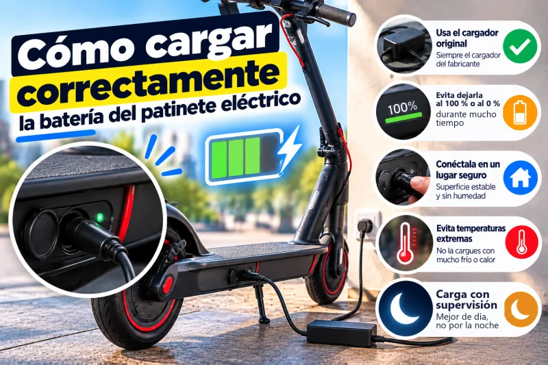 Cómo cargar correctamente la batería del patinete eléctrico: cargador original, no dejarla mucho tiempo al 100 % o al 0 %, lugar seguro, sin temperaturas extremas y con supervisión