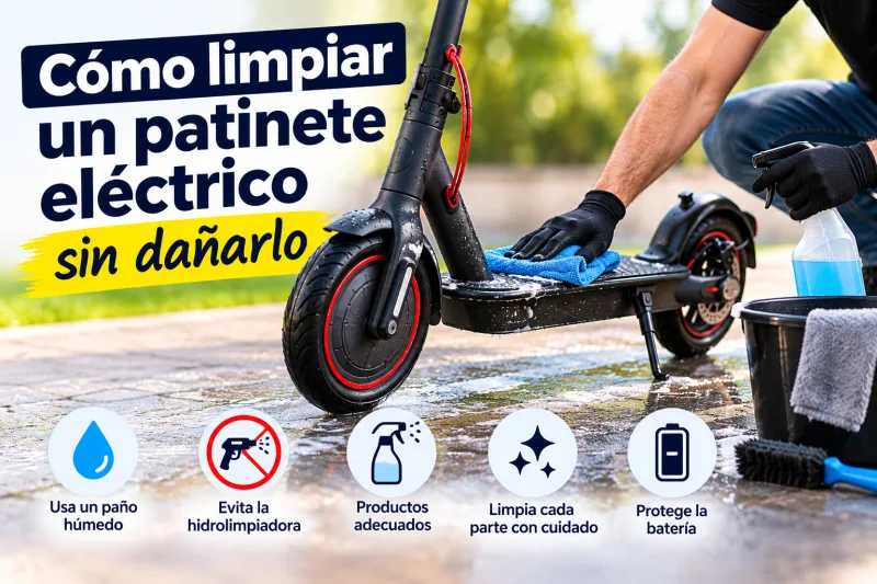 Cómo limpiar un patinete eléctrico sin dañarlo: paño húmedo, sin hidrolimpiadora, productos adecuados y batería protegida
