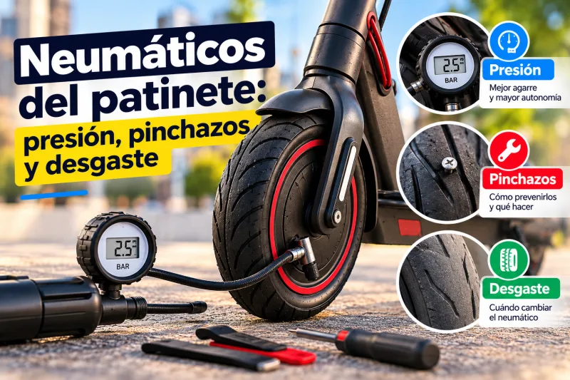 Neumáticos del patinete: presión, pinchazos y desgaste (comprobar la presión, prevenir pinchazos y saber cuándo cambiar el neumático)