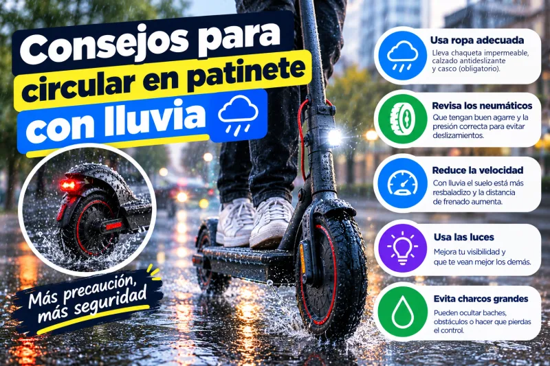 Consejos para circular en patinete con lluvia: ropa adecuada y casco, neumáticos revisados, menos velocidad, luces encendidas y evitar charcos