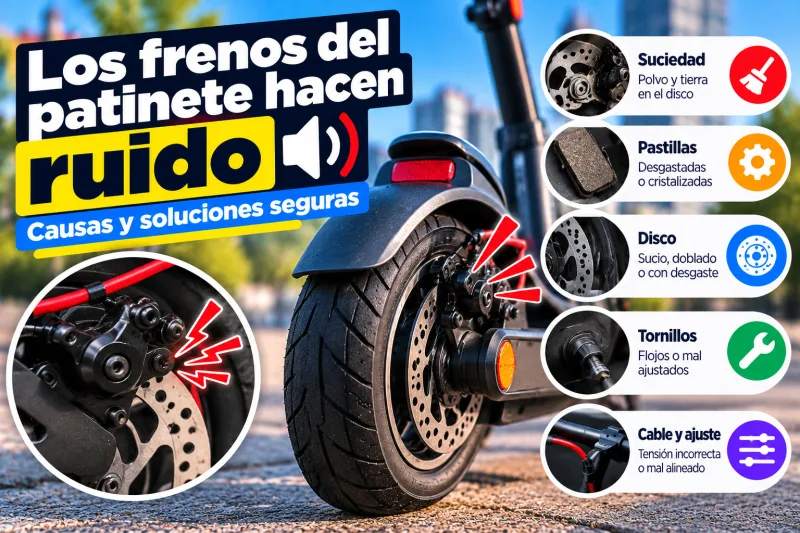 Los frenos del patinete hacen ruido: causas y soluciones seguras (suciedad, pastillas, disco, tornillos y ajuste del cable)