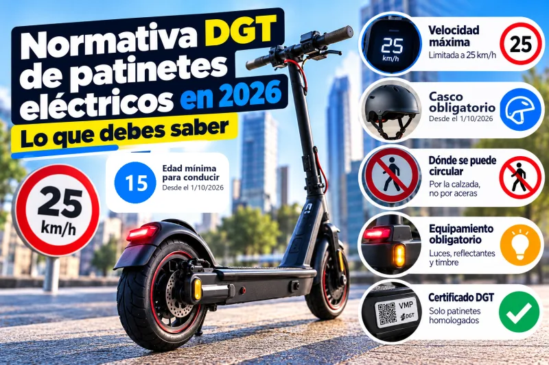 Normativa DGT de patinetes eléctricos en 2026: velocidad máxima de 25 km/h, casco obligatorio y edad mínima de 15 años desde el 1/10/2026, circular por la calzada, equipamiento y certificado