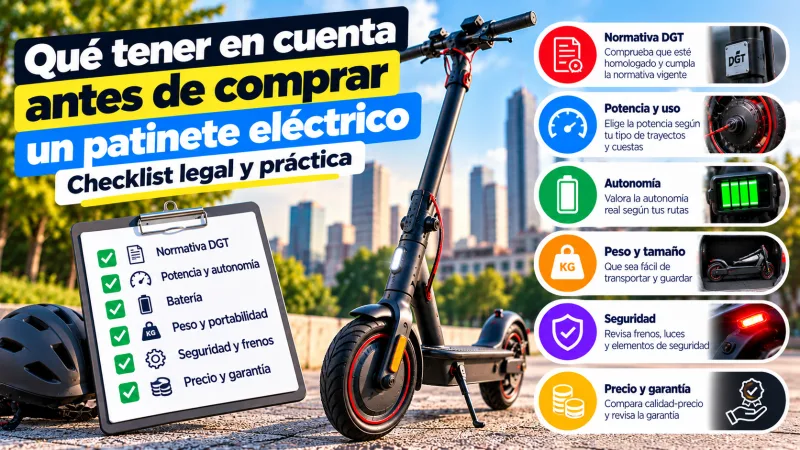 Qué tener en cuenta antes de comprar un patinete eléctrico: checklist legal y práctica (normativa DGT, potencia, autonomía, peso, seguridad, precio y garantía)